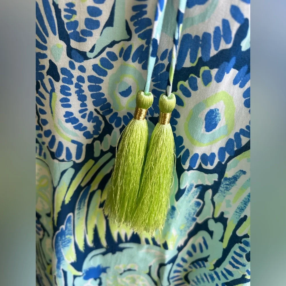 Lilly Pulitzer Cold Shoulder Dress Sz Small Tasseled Airy Blue Green EUC - Picture 6 of 12